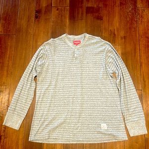 Supreme long sleeve henley. Gray with black pin stripes